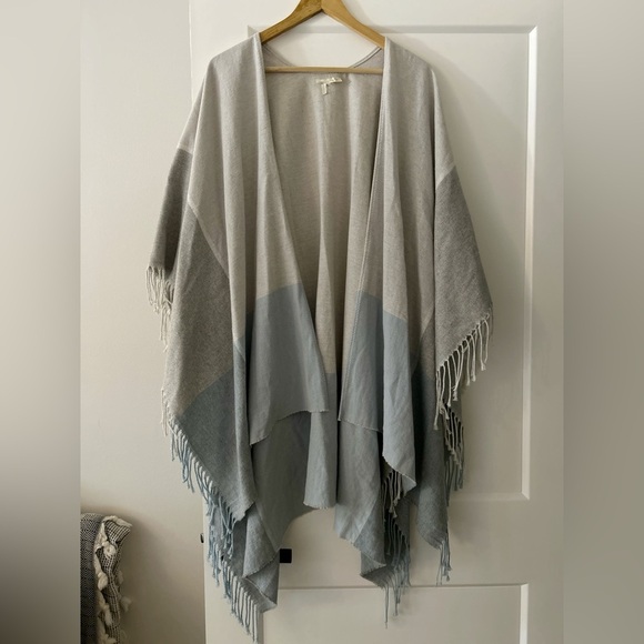 Eileen Fisher Colorblock Fringe Ruana Shawl Poncho OS Cotton Gray Blue - Picture 2 of 4